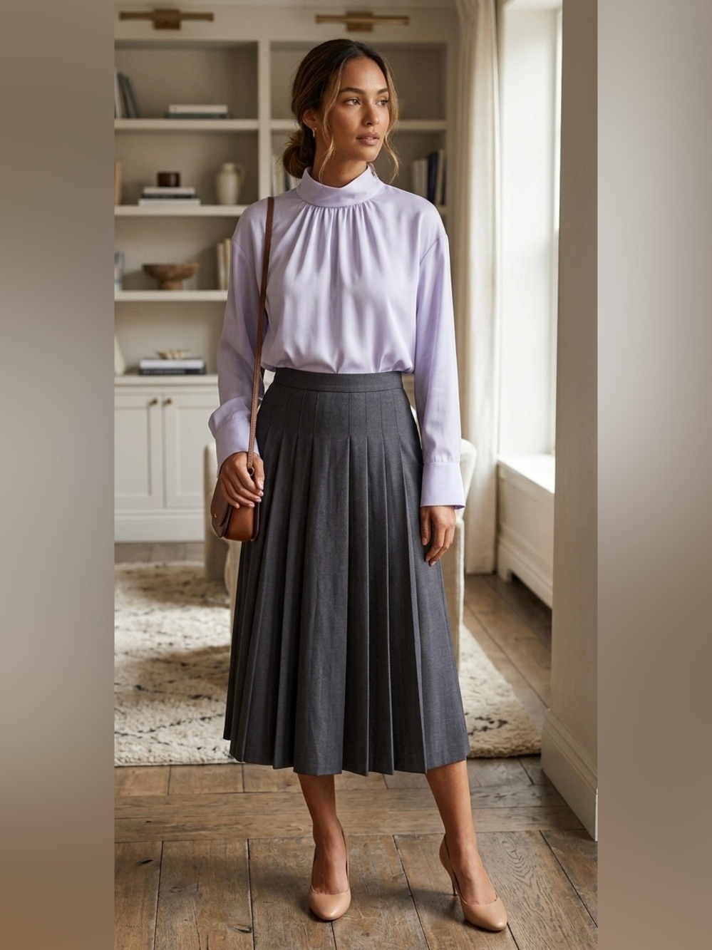 Elizabeth & James Pastel Lavender Mock Neck Long Sleeve Blouse Top - Size L